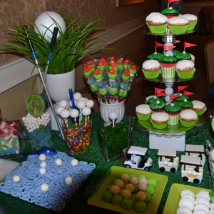 Golf-themed bar mitzvah sweet table and golf-themed cupcakes.  An RSG Events production.  Toronto.