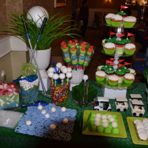 Golf-themed bar mitzvah sweet table and golf-themed cupcakes.  An RSG Events production.  Toronto.