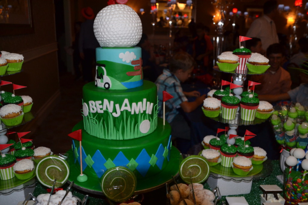Golf-themed bar mitzvah sweet table and golf-themed bar mitzvah cake.  An RSG Events production.  Toronto.