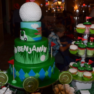 Golf-themed bar mitzvah sweet table and golf-themed bar mitzvah cake.  An RSG Events production.  Toronto.