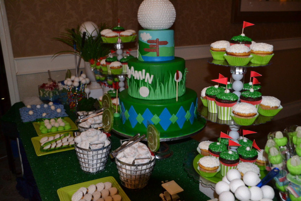Golf-themed bar mitzvah sweet table and golf-themed bar mitzvah cake.  An RSG Events production.  Toronto.