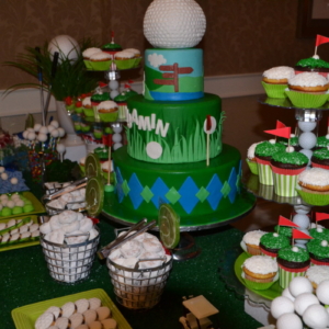 Golf-themed bar mitzvah sweet table and golf-themed bar mitzvah cake.  An RSG Events production.  Toronto.